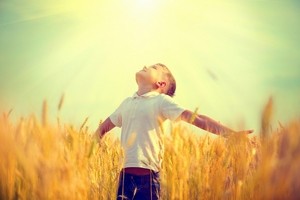 Little boy on a wheat field in the sunlight enjoying nature. Kid